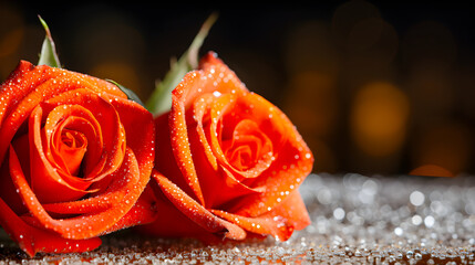 two orange roses with water droplets on them, on a glittery surface with a bokeh background