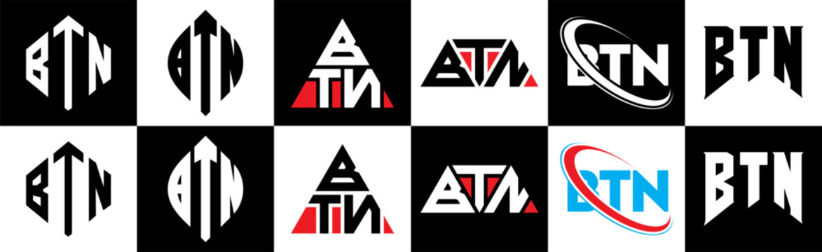 BTN letter logo design in six style. BTN polygon, circle, triangle, hexagon, flat and simple style with black and white color variation letter logo set in one artboard. BTN minimalist and classic logo