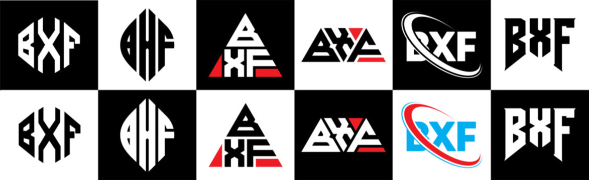 BXF letter logo design in six style. BXF polygon, circle, triangle, hexagon, flat and simple style with black and white color variation letter logo set in one artboard. BXF minimalist and classic logo