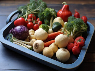 assorted vegetables with blue wooden tray