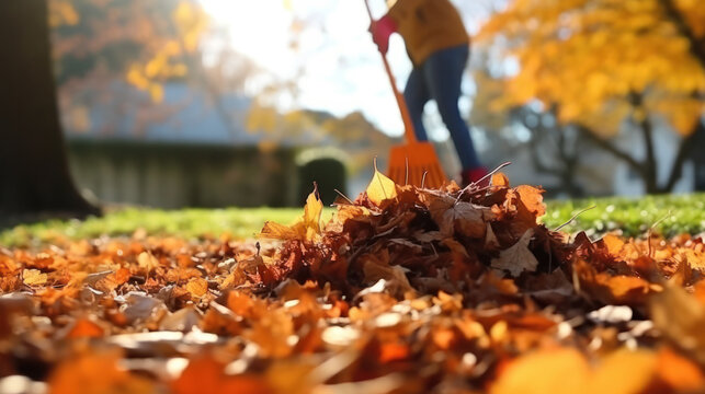 Collection of fallen leaves. Raking autumn leaves from the lawn on lawn in autumn park. Using rake to clear fallen leaves. The concept of volunteering, seasonal gardening.