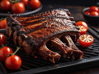 back ribs grilled on a grill tray with red tomatoes