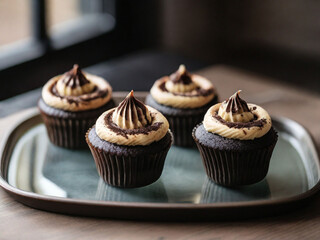 black-and-brown cupcakes on glass tray