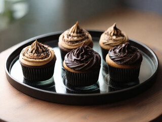 black-and-brown cupcakes on glass tray