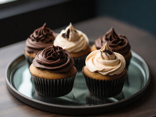 FOUR black-and-brown cupcakes on glass tray