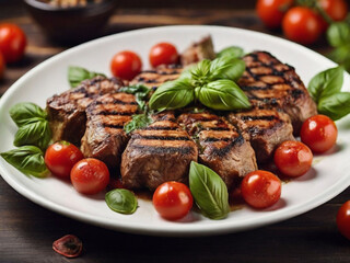 grilled meat with basil and tomato