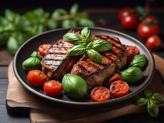 grilled meat with basil and tomato