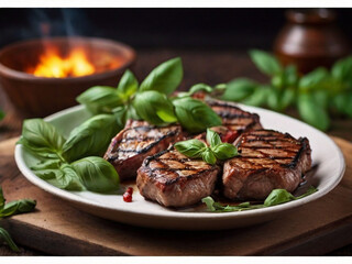 grilled meat with basil 