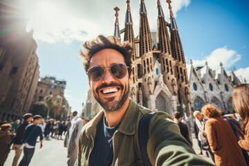 Man Capturing a Memorable Selfie in Front of a Majestic Cathedral La Sagrada Familia in Barcelona, Spain - obrazy, fototapety, plakaty