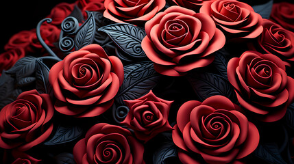 stunning collection of dark red roses with deep black leaves, creating a dramatic and elegant contrast
