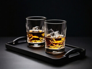 Whisky Glasses Filled With Beverage on Black Tray