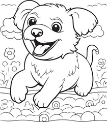 cute dog outline illustration, coloring page for kids , dog outside the house