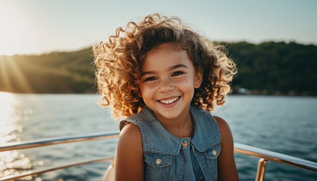  a close up of a child on a boat near a body of water with trees in the background and a body of water with a boat in the foreground.