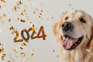 Adorable golden retriever Dog Celebrating 2024 with Golden Confetti on White Background: Joyful New Year Concept. Postcard with copy space for text for new year with pet.