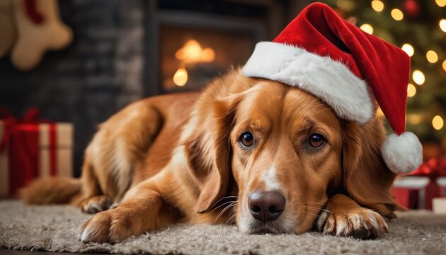  A Close Up Of A Dog Laying On A Rug With A Christmas Hat On It's Head And Presents In Front Of A Fire Place With A Christmas Tree In The Background.