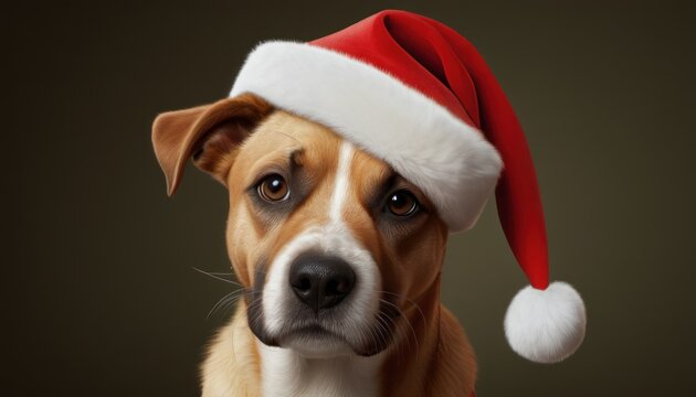  a brown and white dog wearing a red and white santa hat with a white pom - pom on the top of it's head and a black background.