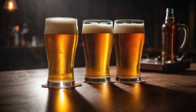  three glasses of beer sit on a table next to a bottle of beer and a glass of beer in front of a bottle of beer on a wooden table in a dark room.