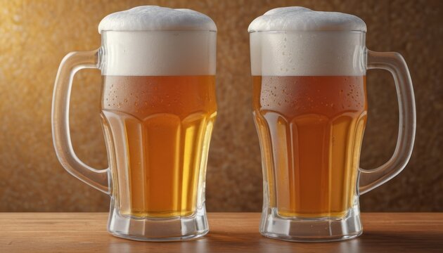  two mugs of beer sitting next to each other on top of a wooden table in front of a brown wall with a light coming through the top of the two mugs.