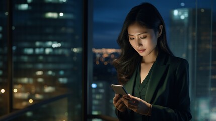 A young and industrious Asian corporate lady utilizing laptop and cellular device technology at night in dim workplace, holding smartphone while working with cityscape in background.