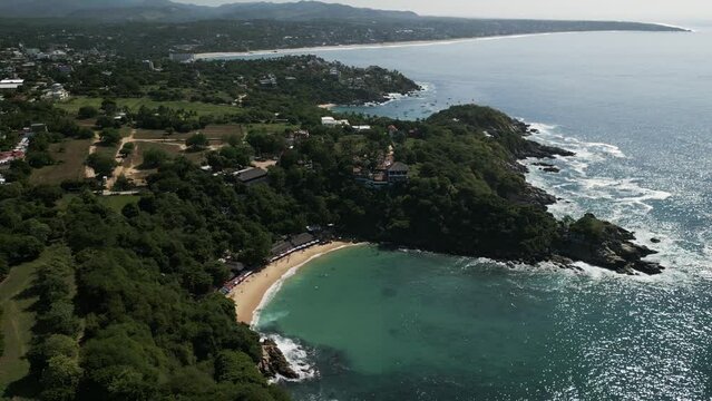 Aerial hing angle of Puerto Escondido Oaxaca coastline in Mexico