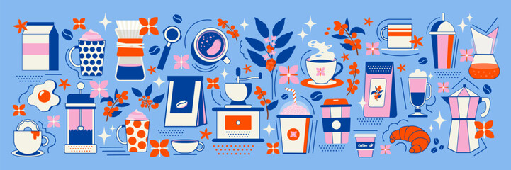 A large set of coffee elements. Coffee machine, coffee tools, accessories, paper cups, glasses, beans, paper bags. Perfect for your project