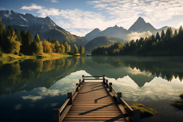 emerald green lake surrounded by mountains - obrazy, fototapety, plakaty