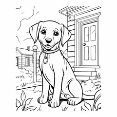 cute dog outline illustration, coloring page for kids , dog outside the house