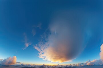 blue evening sky seamless panorama spherical equirectangular 360 degree view cumulus clouds setting sun full zenith use 3d graphics game aerial drone panoramas sky replacement - obrazy, fototapety, plakaty