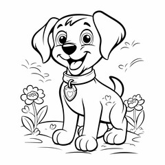 cute dog outline illustration, coloring page for kids , dog outside the house 