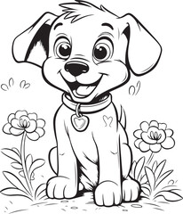 cute dog outline illustration, coloring page for kids , dog outside the house