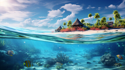 Pristine turquoise lagoon white sandy beach tropical - obrazy, fototapety, plakaty