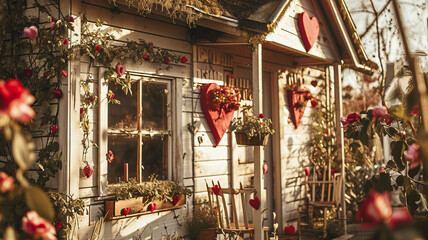 A photo of a cute little rustic cottage decorated for valentine's day with hearts, valentines, and flowers, cottagecore aesthetic