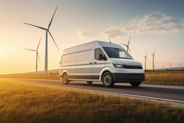 White electric delivery van on the road. Wind turbines in the background - obrazy, fototapety, plakaty