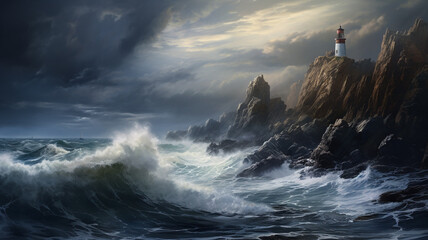 Dramatic rocky cliffs crashing waves rugged coastal - obrazy, fototapety, plakaty