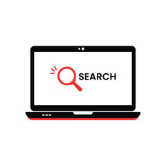 Red laptop with simple search icon. concept of personal computer for mobility work or ecommerce. cartoon flat style trend modern abstract logotype graphic art design isolated on white background