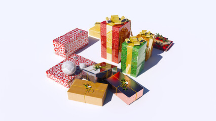 Gift Box wrapped with Green Leaf and Golden ribbon isolated on white background. For Christmas, New Year, Diwali, Eid Festival Gifts.