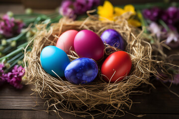 Fototapeta na wymiar Colorful Easter Eggs and Hyacinths in Hay