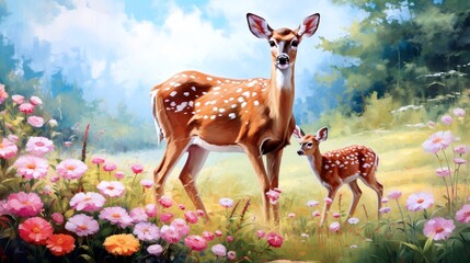 A tranquil meadow blanketed in a sea of wildflowers, where a family of deer grazes peacefully. The vibrant colors and gentle breeze evoke a sense of harmony and serenity.