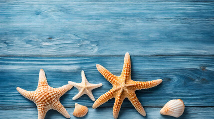 Fototapeta na wymiar Sea shells on a blue background, Starfish and seashells on a wooden background the concept of a summer vacation, Marine objects, shells and starfish on wood