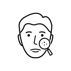 Dermatology Examination of Man Skin Line Icon. Checkup of Boy Skin Face with Magnifier Linear Pictogram. Facial Skin Care Outline Icon. Editable Stroke. Isolated Vector Illustration.