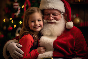 Fototapeta na wymiar Adorable child with Santa Claus, Father Christmas, Saint Nicholas, Saint Nick, Kris Kringle, in red suit and hat. Cute, adorable, happy, laughing, joyous, love.