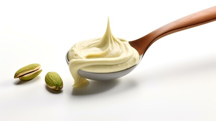 Spoon with tasty mayonnaise and pistachios on a white background