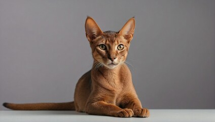 A youthful Abyssinian kitten poses with an inquisitive expression in a bright minimalist photography studio, its delicate features and warm fur tone highlighted against the soft background.