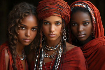 A group of three African women adorned in headscarves and beads specific to their ethnic heritage. - obrazy, fototapety, plakaty