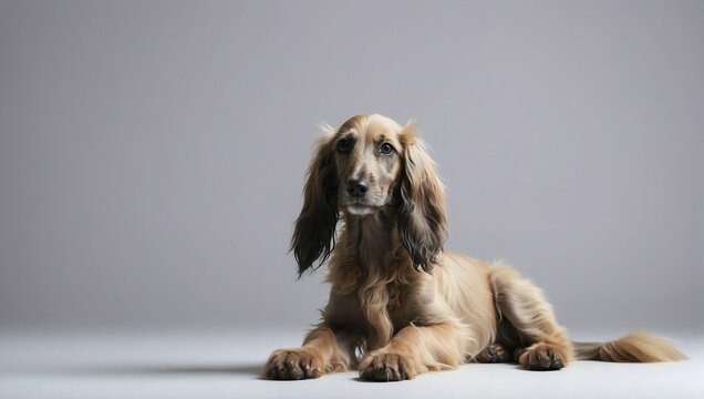 An Afghan Hound puppy sits calmly in a bright minimalist photography studio, its fluffy coat and attentive gaze striking against the light, uncluttered background.