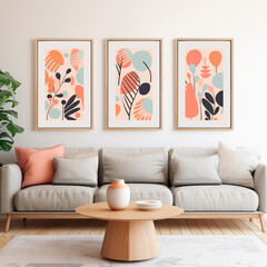 Boho wall art set of 3 abstract gallery in a bright room above the sofa. The interior of the living room. Boho style, Scandinavian, minimalism. Design of premises, rooms, offices, halls