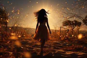Backlight of a young girl with hair blowing in the wind walking through the fields toward the sunlight on a spring day - obrazy, fototapety, plakaty