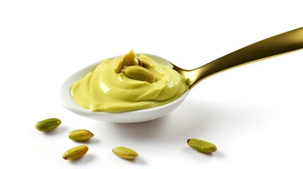 Pistachio sauce in a spoon isolated on a white background.