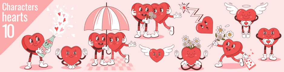 A set of 10 heart characters in a trendy retro cartoon groove style for your Valentine's Day designs. Suitable for greeting cards, posters, prints. Vector illustration.