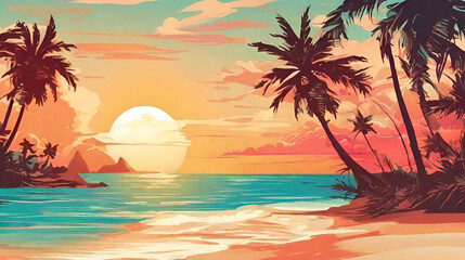 Tropical island with palm trees beach by the sea background, A tropical beach with palm trees and the sun, Sunset tropical sea landscape boat and palm island silhouette sunset palm vector beach - obrazy, fototapety, plakaty